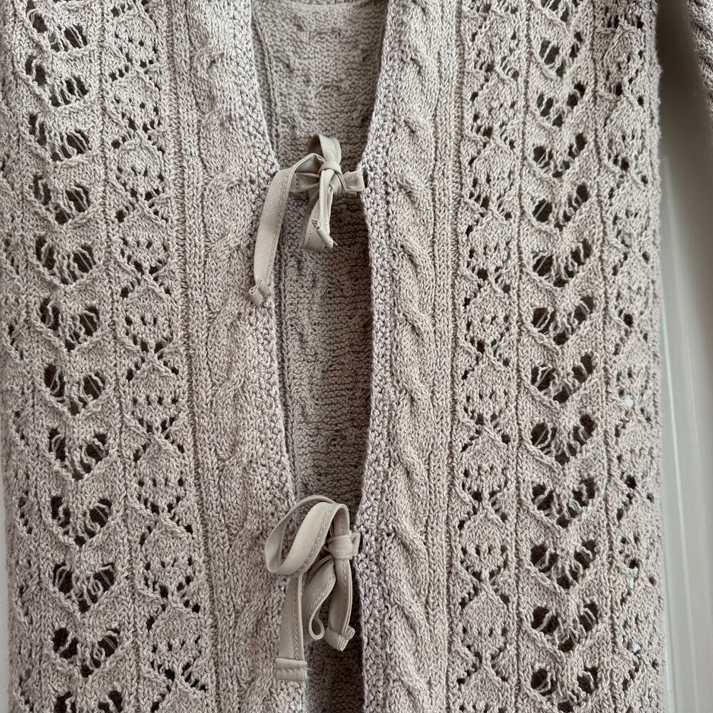 Free People Boho Crochet Tie Open Back S Top Stone Beige Tan Long Sleeves EUC - Picture 10 of 13